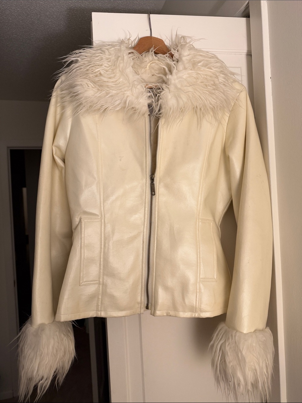 BB Dakota Ivory Faux Leather Jacket with Faux Fur Trim